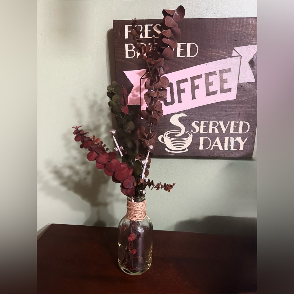 Rustic Glass Vase with Burgundy Accents, Handmade Cottagecore Modern Farmhouse